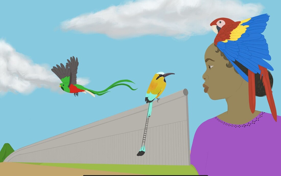 Digital painting with a woman looking sideways. She has brown skin and a purple shirt. Her black hair is in a bun and there is a Macaw parrot on her head. A Torogoz and Quetzal bird fly over a gray wall.